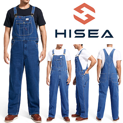 #ad HISEA Men Denim Bib Overall Relaxed Fit Work Dungarees Mechanic Workwear Pockets $40.99