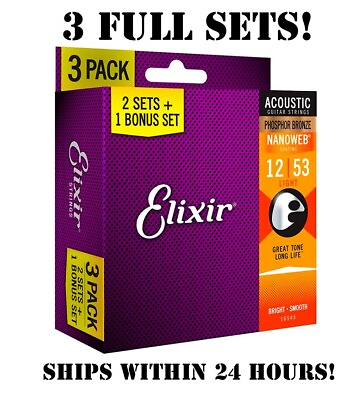 #ad *3 SETS ELIXIR 16052 NANOWEB ACOUSTIC GUITAR STRINGS LIGHT 12 53 PHOSPHOR BRONZE $37.98
