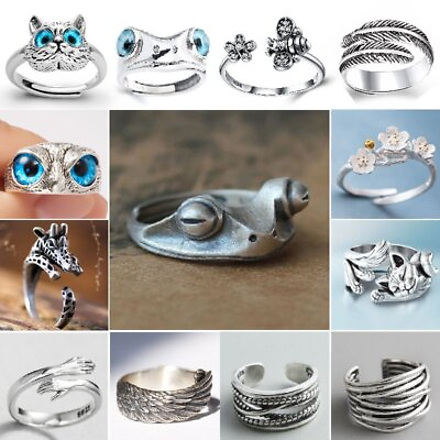 #ad #ad 925 Silver Retro Frog Cat Owl Animal Rings Open Finger Ring Jewelry Adjustable C $1.65