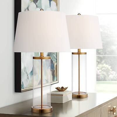 #ad Coastal Table Lamp Glass Cylinder Gold Fillable White for Living Room $199.98