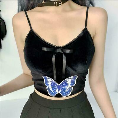#ad Womens Gothic Sexy Butterfly Printed Spaghetti Strap Bowtie Blouse Crop Top MOON $29.24