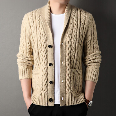 #ad Thicken Sweater Autumn Winter Mens Scarf Collar Twist Lapel Long Sleeve Knitwear $49.36