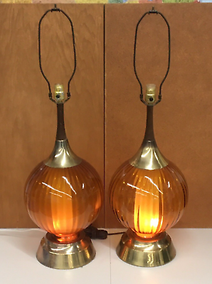 #ad Pair Vtg Mid Century Hollywood Regency Amber Glass amp; Brass Panel Lamps 3 way $360.00