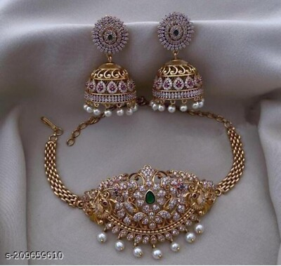 #ad Indian Ethnic Necklace AD Choker Gold Plated Earrings Bollywood Bridal Jewelry $27.31