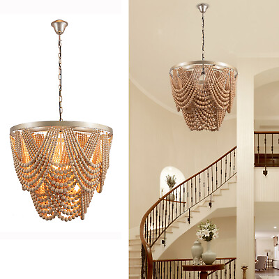 #ad 4 Light Wooden Beaded Bohemia Style Chandelier Pendant Ceiling Lighting Fixture $216.70