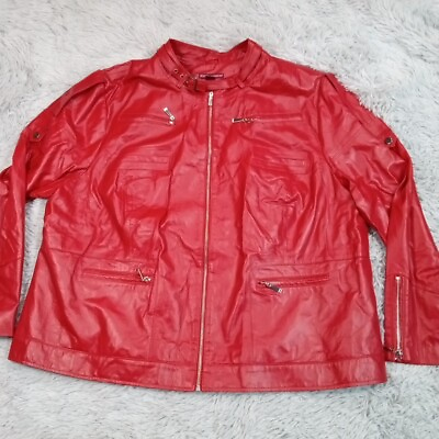#ad Jessica London Womens Leather Jacket Red Plus 26 Zip Up Coat Lined Moto Pockets $44.99