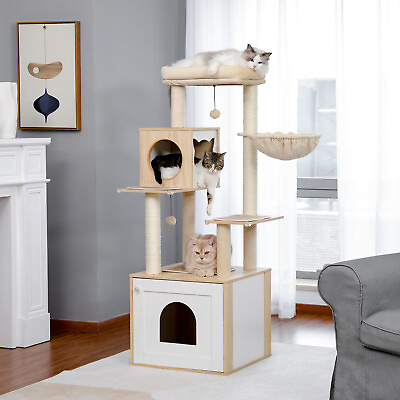 #ad PAWZ Road 56quot; Cat Tree Tower Wooden Condo House Cat Litter Box Enclosure Scratch $79.00