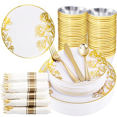 #ad 210PCS Gold Plastic Plates Gold Disposable Dinnerware Set with Floral Design ... $67.68
