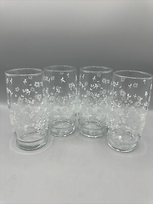 #ad Vintage Triguba White Gray Flower Drinking Glasses Water Iced Tea 6quot; Set 4 $24.99