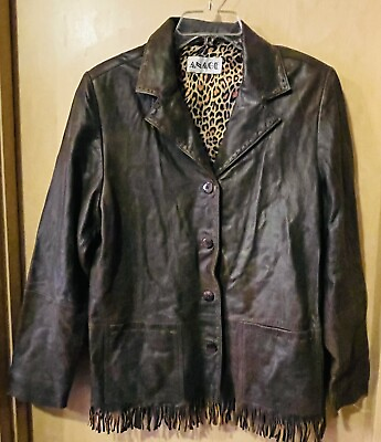#ad Vintage Womens Leather Coat Brown Jacket Fringe Western Anage $39.99