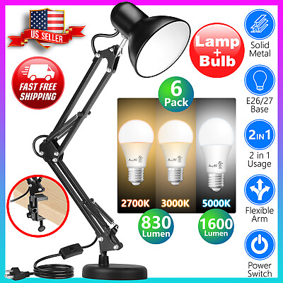 Black Desk Lamp Adjustable Swing Arm 6pack 2700K3000K5000 LED Light Bulbs $30.99