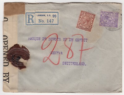 #ad 1916 Apr 11th. Registered Censor Cover. London to Geneva Switzerland. AU $19.50