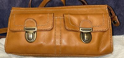 #ad Fossil Tan Leather Bag Front Pockets Buckles Back Wallet Pocket Zip Closure $19.00
