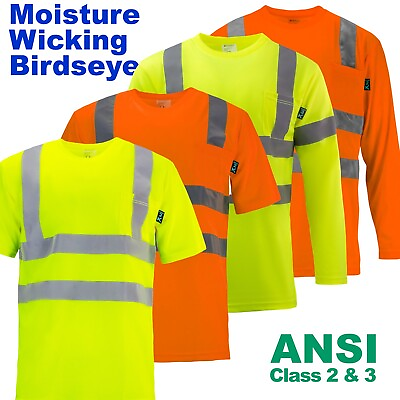 #ad Safety Work Hi Vis T Shirt Long Sleeve ANSI High Visibility Reflective Tape $12.95