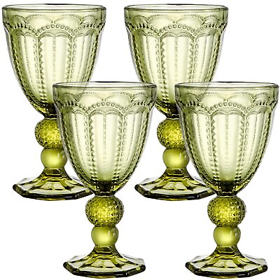 #ad Set of 4 Vintage Green Wine Glass 8.5 Oz Embossed Glass Goblet Colored Stemm... $37.45