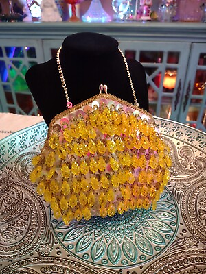 #ad Golden Name Vintage Golden 1960s Beaded Clutch Bag Handbag With Gold Chain Strap $29.99
