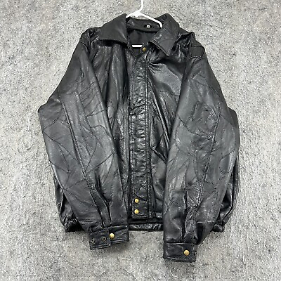 #ad VINTAGE Leather Jacket Mens Large Black Full Zip Lined Biker Bomber Coat 90s $49.95