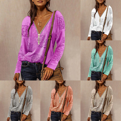 #ad Top Printed Baggy T Shirt Letter Tee Blouse Zip Casual Women Up Pullover Tunic U $13.58
