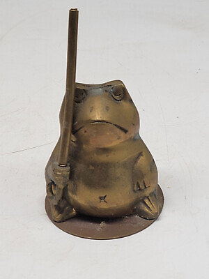 #ad Vintage Brass Frog with Brass With Stick Figurine $29.60