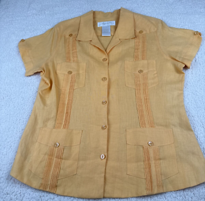 #ad Lucy Perida Yellow 100% Linen Women#x27;s Button Up Shirt 16 Petite Y2K summer $14.94