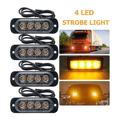 4X Amber 4 LED Car Truck Emergency Beacon Warning Hazard Flash Strobe Light Bar $9.49