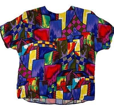 #ad Vintage Geometric Abstract Crop Blouse Size 12 Art Wear City Impressions 80s 90s $26.66