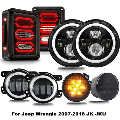 #ad For Jeep Wrangler JK JKU 2007 2018 LED Halo Headlight Tail Fog Turn Lights Combo $185.92