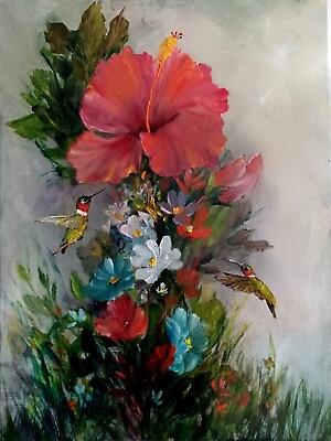 #ad HUMS AND HIBISCUS New Bird 12x16 Original Oil Painting Hummingbird Art by Artist $149.99