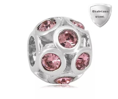 #ad Stainless European Charm Bead Rhinestone Pink CZ Round fits Bracelets Jewelry $10.99