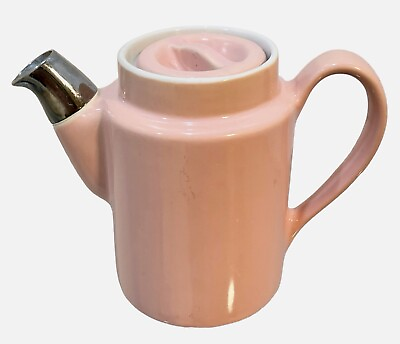 #ad 1960’s HALL USA Individual Teapot Silver Spout Guard Ceramic Pink Salmon 5” Tall $17.99