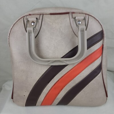 #ad Vintage IDEAL Bowling Bag Tan w Orange amp; Brown Stripes Retro w Metal Rack Used $19.99