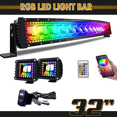 #ad #ad 32 inch RGB Strobe Curved Led Light Bar Offroad Driving Bluetooth Control Kit $195.99