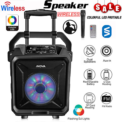#ad 8quot;Wireless Party Speaker System Big Led Portable Stereo Tailgate Loud w Mic $62.85