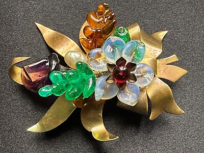 #ad Exceptional Antique French Brooch Handmade Glass Flowers Pearl 3 1 8quot; $469.00
