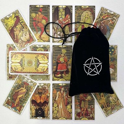 #ad Unique Golden Vintage Art 78 Tarot Deck Cards Oracle Occult Ritual Game Pouch $18.48