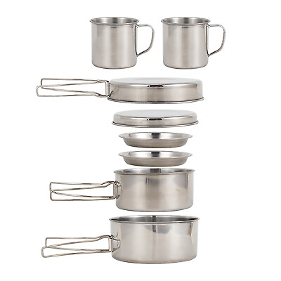 #ad 8PCS Camping Cookware Mess Kit Stainless Steel Picnic Pot Pan Cup Gear D5Z1 $19.99