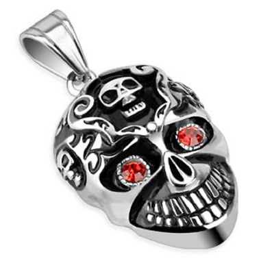 #ad Biker#x27;s Stainless Steel Grinning Skull Pendant Red Glistening CZ Eyes Large $21.59