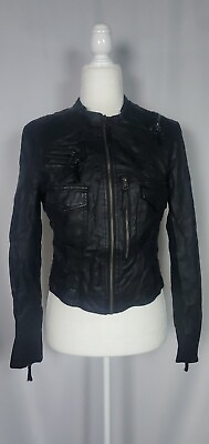 #ad Members Only Jacket Womens Small Black Faux Leather Distressed Streetwear Vtg $39.97