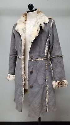 #ad TRUE GRIT Women’s Faux Suede Fur Lined Trim Soft Grey Longline Jacket Size XS^ $18.99