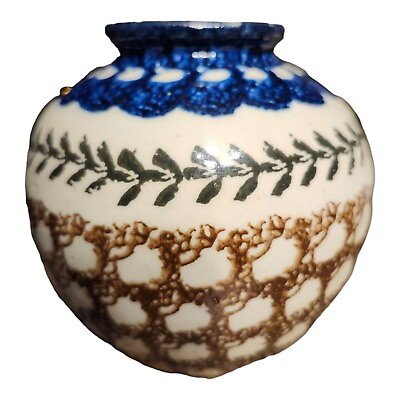 #ad Pottery 4quot; Glazed Patterned Vase Urn Planter Brown Green Blue $25.99