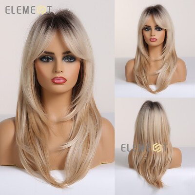 #ad Women Ombre Light Brown Blonde Wigs Long Natural Straight Layered Wig with Bangs $18.89