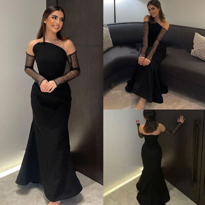#ad Black Evening Dress Sexy Mermaid Long Sleeves Satin Prom Formal Party Gowns $95.00