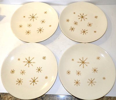 #ad MCM Vintage Star Glow Royal China Dinner Plates Gold Atomic Star Set of 4 $29.95