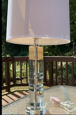 #ad RALPH LAUREN FARRAH TABLE LAMP CRYSTAL CUT ETCHED GLASS COLUMN w SILVER ACCENT $408.00