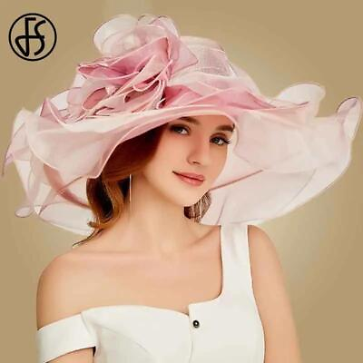 #ad Fs Pink Kentucky Derby Hat for Women Organza Sun Hats Flowers Elegant Large Wide $20.57