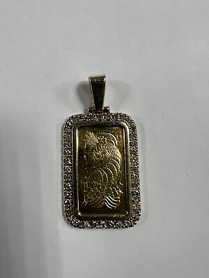 #ad 24K Yellow Gold Lady Fortuna 20 grams Bar Diamond Frame Pendant Approx 2.0 CTS $3999.99