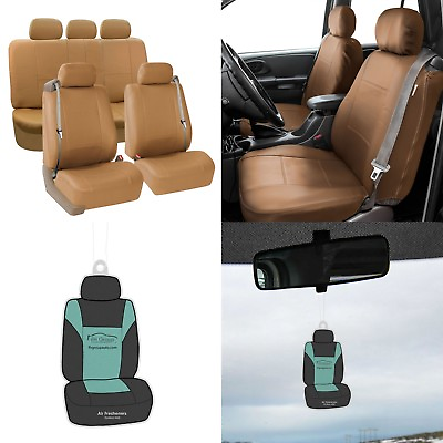 #ad PU Leather Seat Covers For Built In Seat belt Car Sedan SUV Solid Tan w Gift $72.99