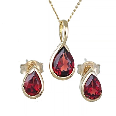 #ad 9ct Gold Garnet Set Pendant Stud Earrings Natural Red Gemstones Handmade Boxed GBP 214.90