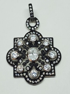 #ad Vintage Sterling Silver Cubic Zirconia Antiqued Black Flower Pendant HAN 925 $75.00