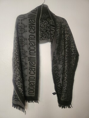 #ad Roberto Cavalli Wool Scarf Black Grey Leopard Cheetah Print 17”x75” $69.00